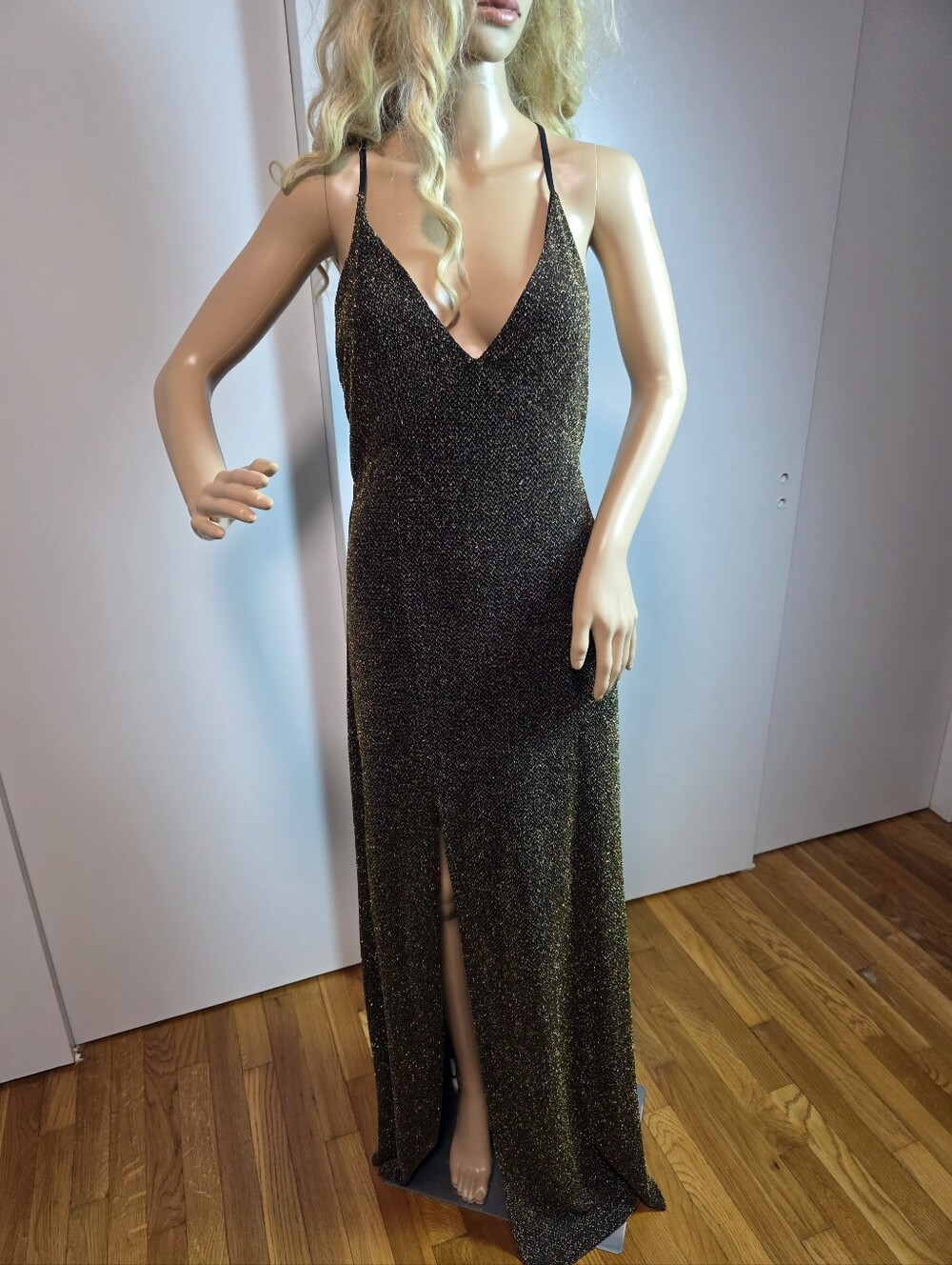 Jealous Tomato Metallic Gold & Black V-Neck Crisscross Back Maxi Gown
